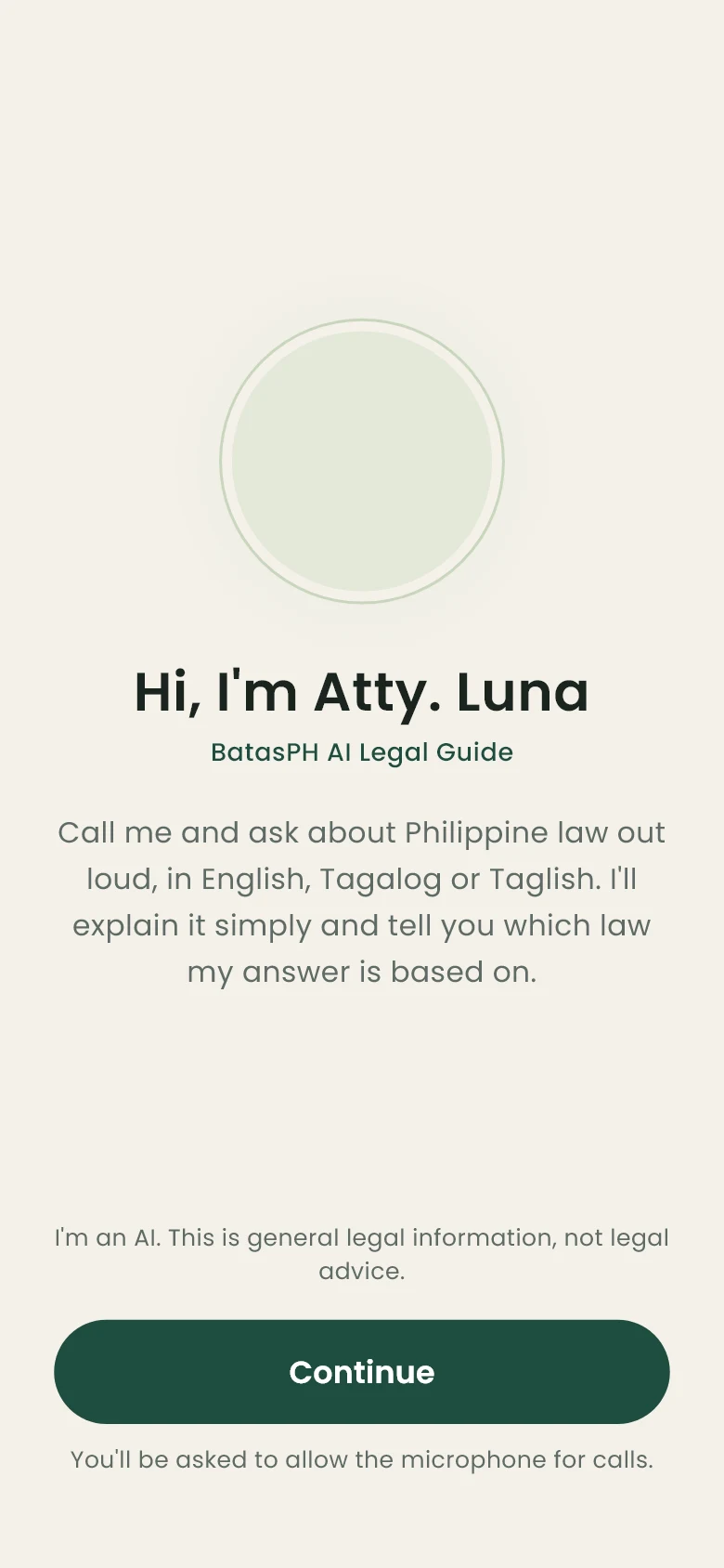 BatasPH onboarding screen introducing Atty. Luna and the legal information disclaimer.