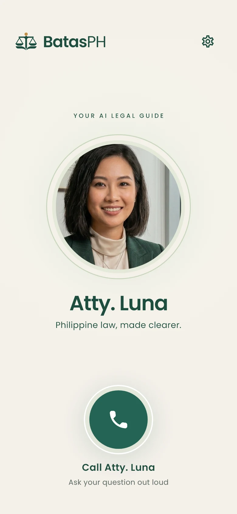 BatasPH home screen with Atty. Luna and the Call Atty. Luna button.