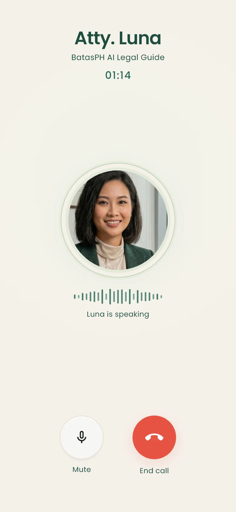 BatasPH active call screen with Atty. Luna speaking and call controls below.