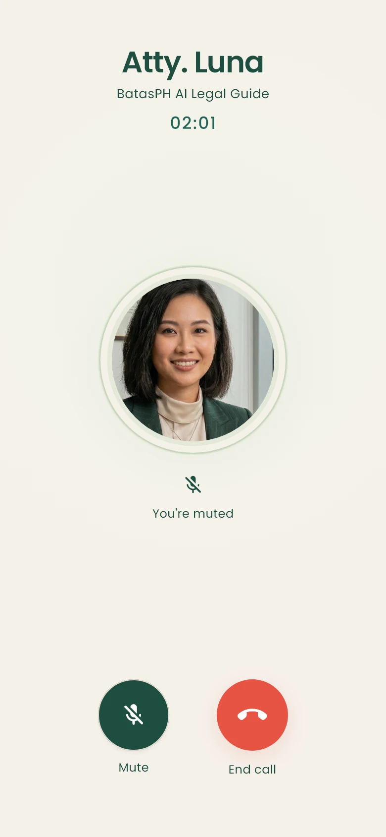 BatasPH active call screen showing the microphone muted.