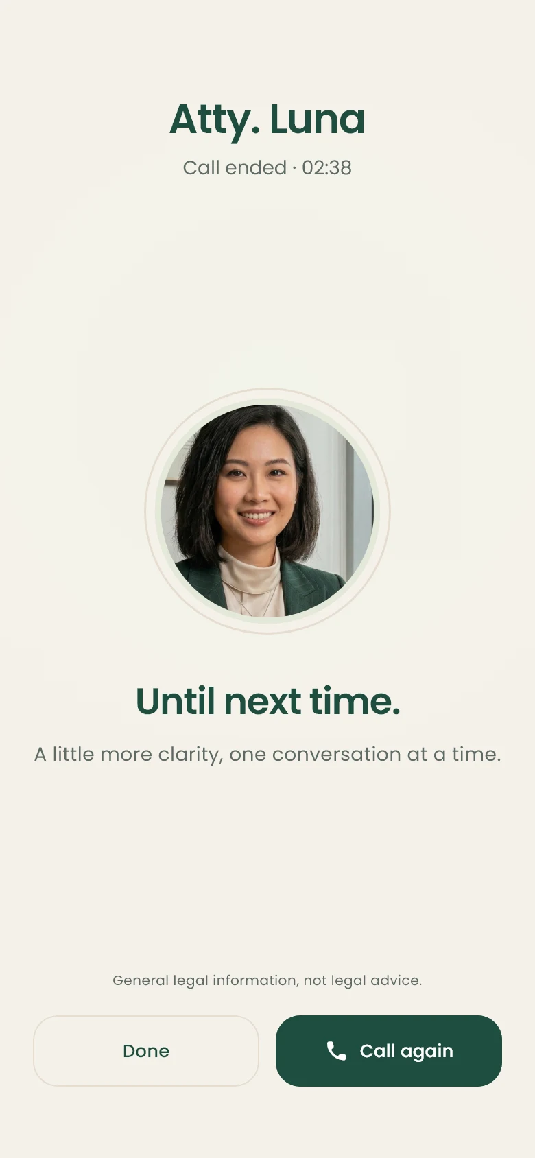 BatasPH call ended screen with Atty. Luna, the call duration, Done, and Call again buttons.