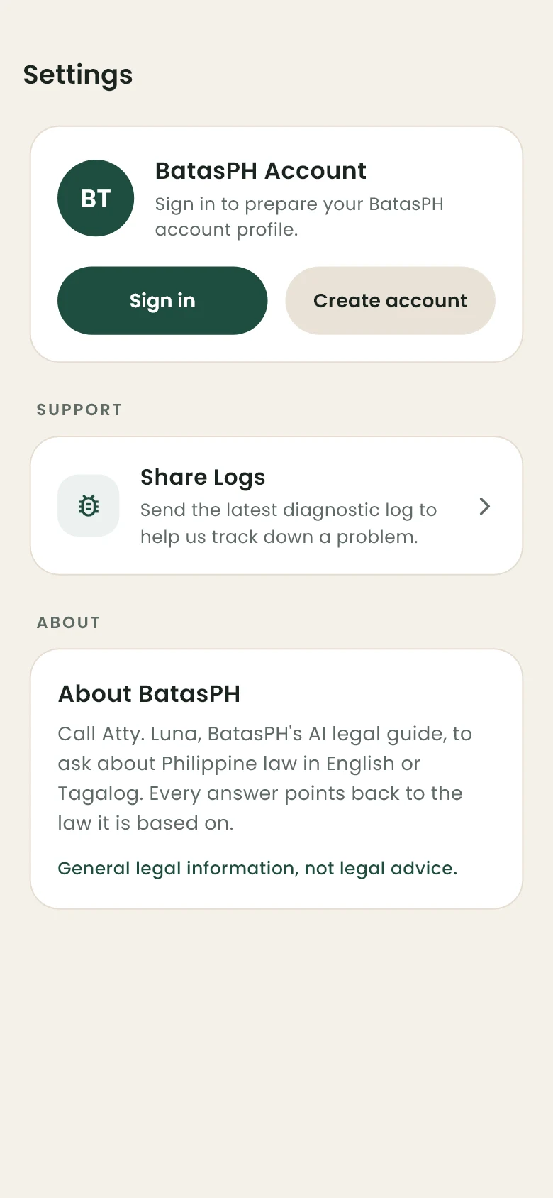 BatasPH guest settings screen with sign-in options, Share Logs, and About BatasPH.