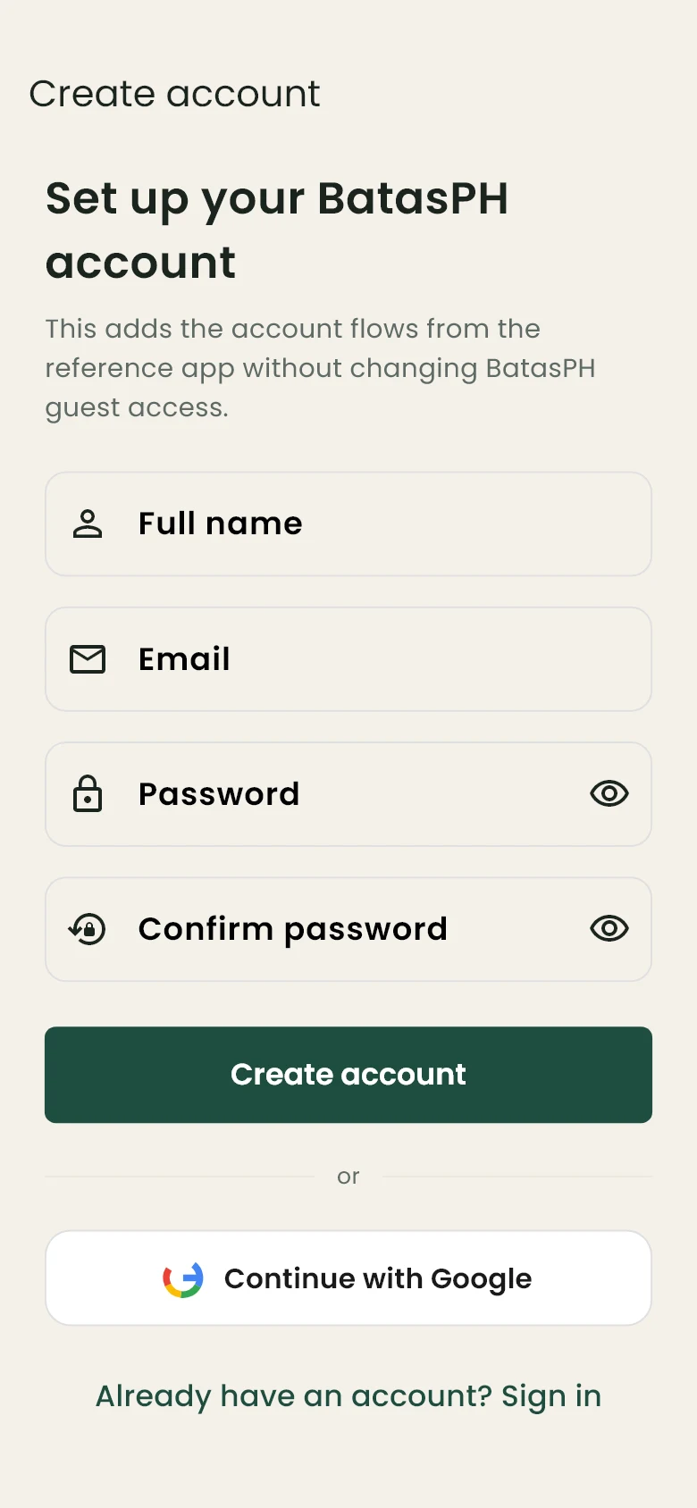 BatasPH create account screen with name, email, password, and Google sign-in options.