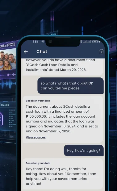 Memori AI chat answering a question about a saved document with a View sources link.
