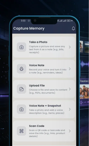 Memori Capture Memory screen with photo, voice note, file upload, voice and snapshot, and scan code options.