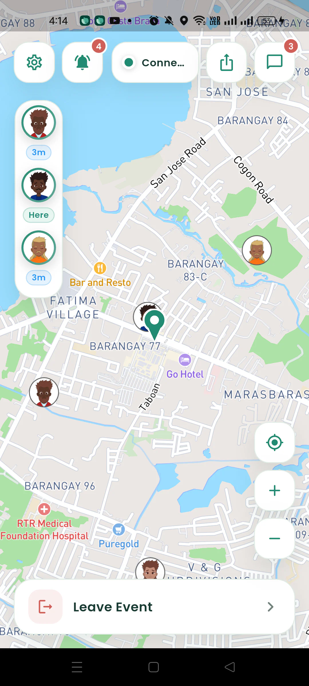 Nearby live meetup map with a shared meeting pin and participant locations