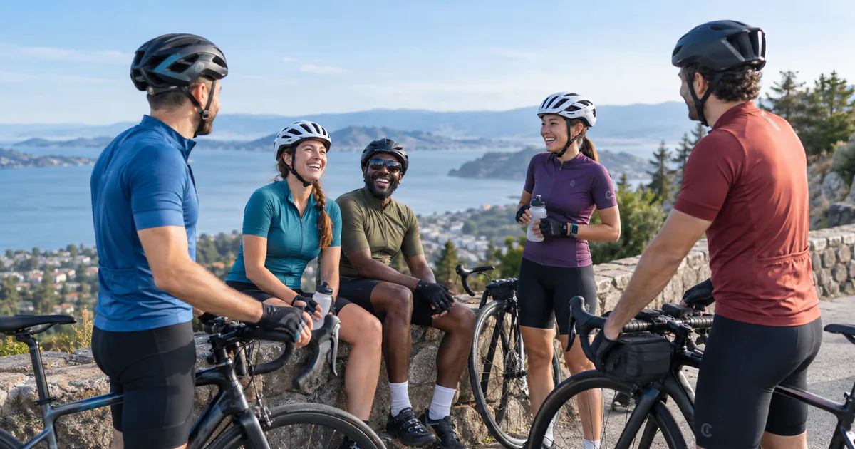 Cyclists regrouping with their bicycles at a scenic rest point
