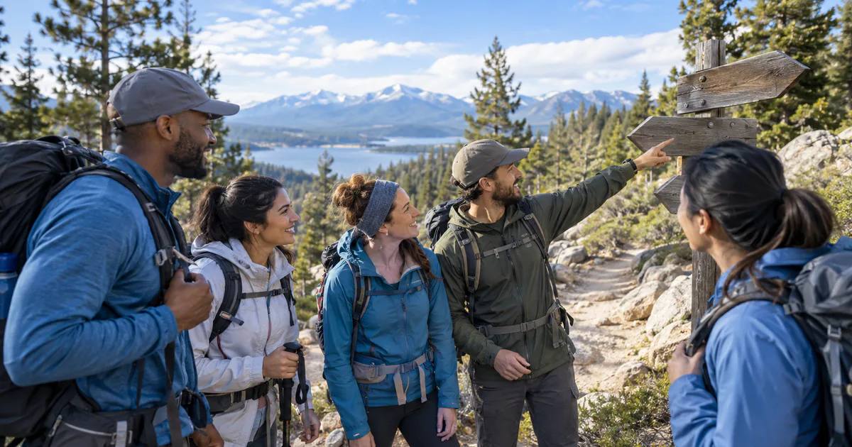 A group of hikers checking in at a marked trail junction