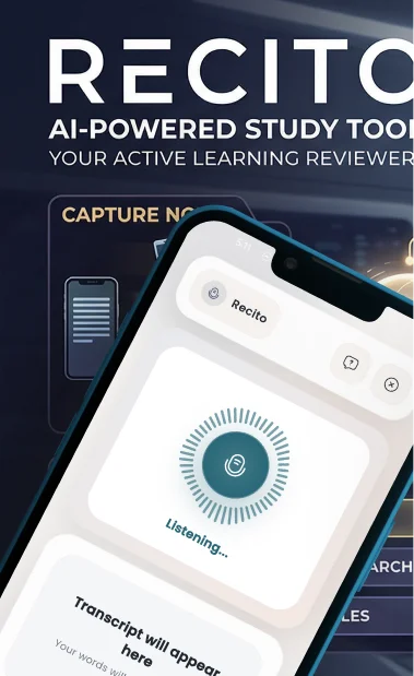 Recito promotional image featuring a voice recording screen with a listening indicator and transcript panel.
