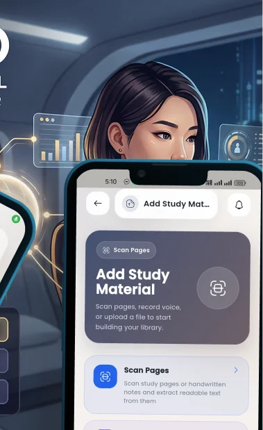 Recito Add Study Material screen showing page scanning and capture options.